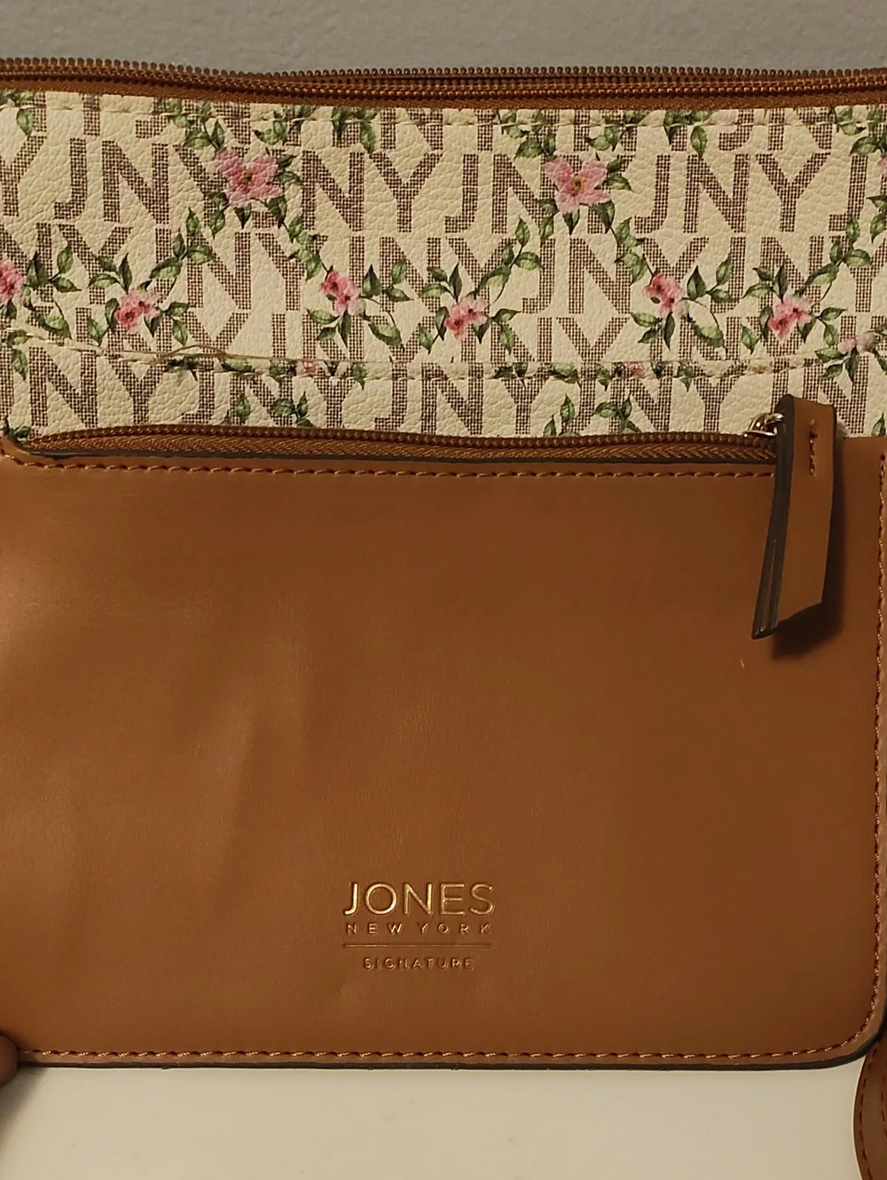 Jones New York Tan Trim Floral Logo Crossbody with Pink Blossoms